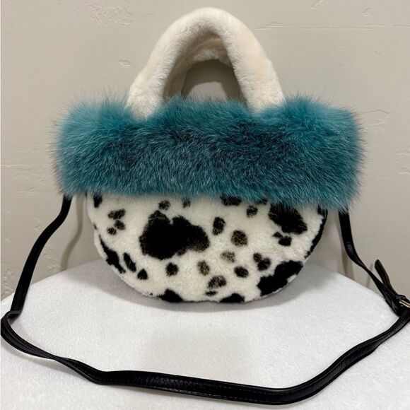 Colorblock Handmade Real Fox Fur & Shearling leather Top Handles Bag/Multi Use - Picture 5 of 16